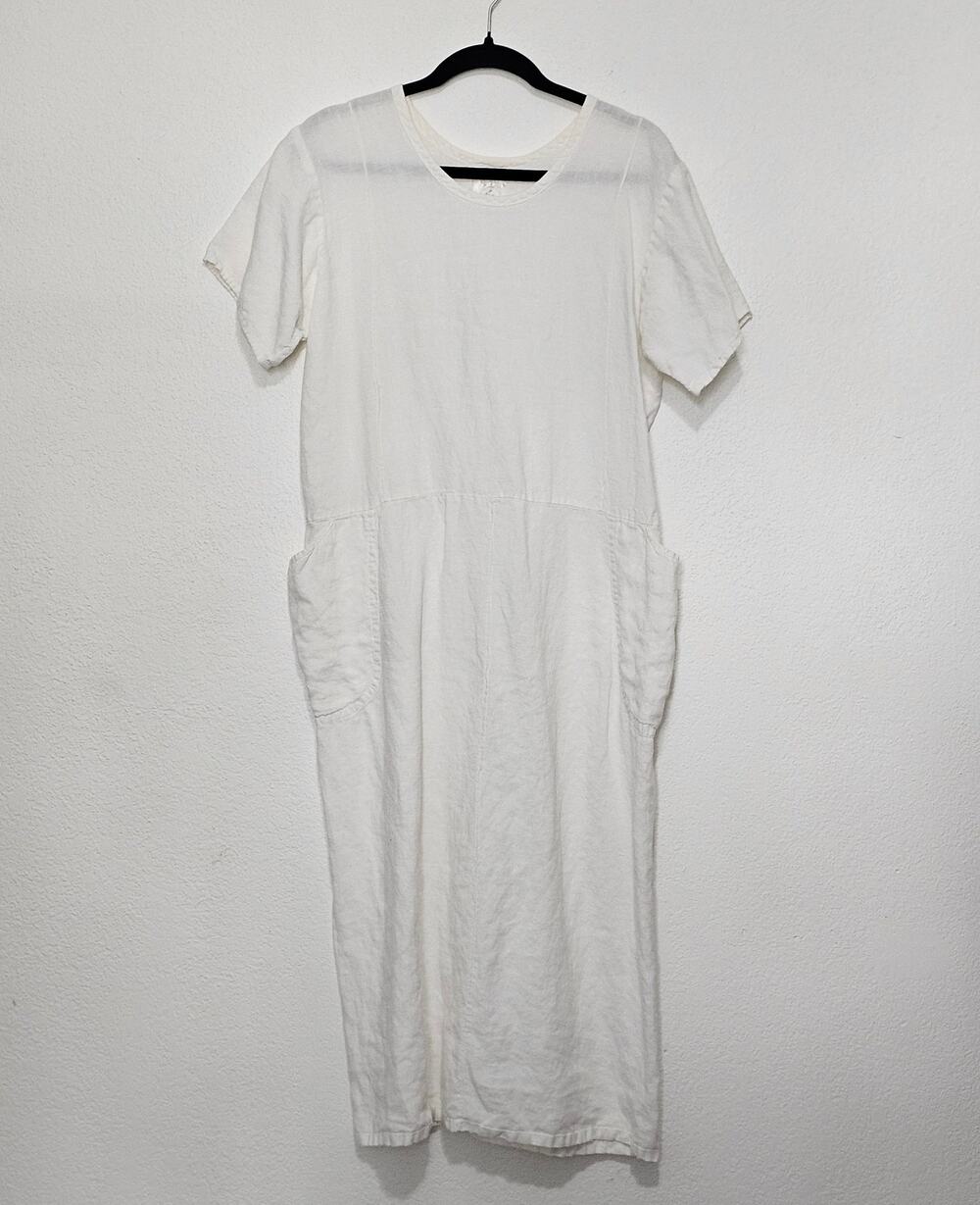 Flax White Lagenlook Tunic Dress Women Small 100% Linen Short Sleeve Pockets